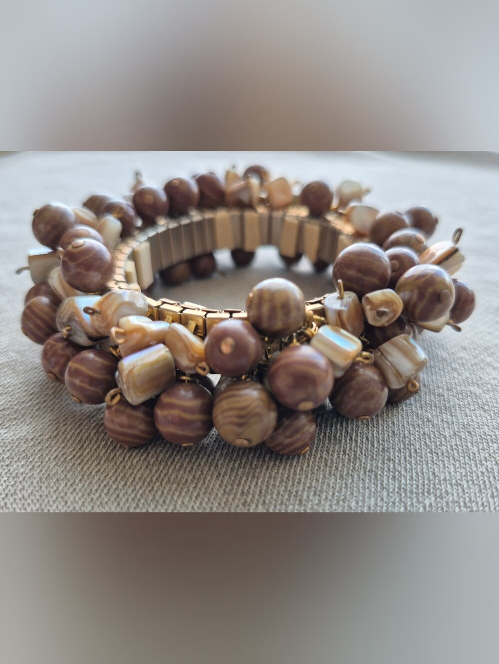 Brown Beaded Stretch Bracelet with Gold Accents